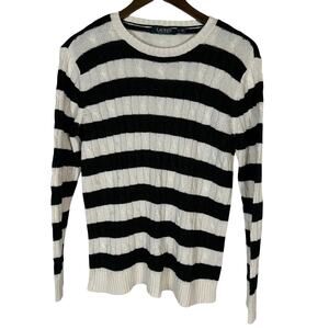 Lauren Ralph Lauren Black Cream Striped Cable Knit Sweater Petite S Preppy